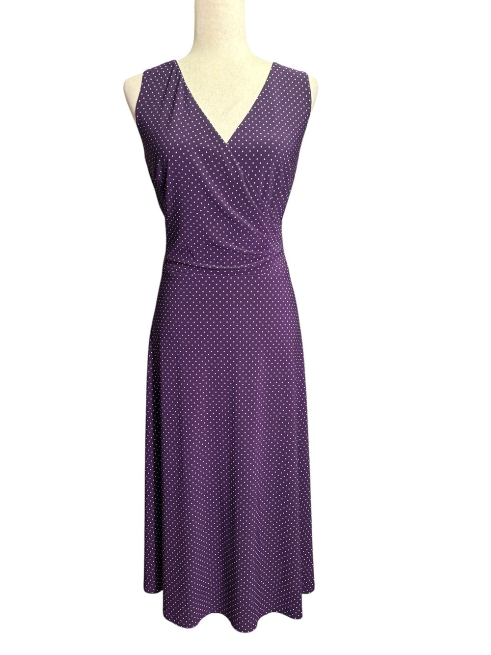 Lauren Ralph Lauren Sleeveless Purple Polka Dot Faux Wrap Dress 16